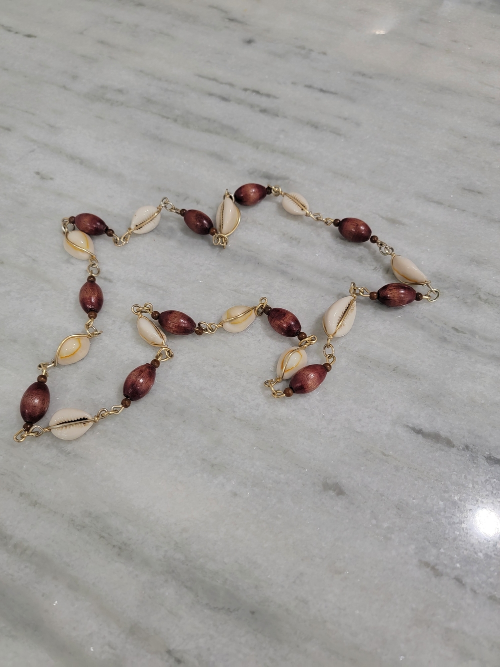 Beaded Shell Link Necklace - Cream and Brown